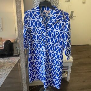 JUDE CONNALLY Blue and White Geometric mini Dress